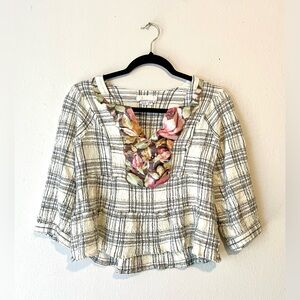 Anthropologie Cream & Black Plaid Blouse with Floral Bib read below